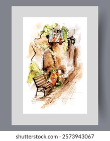 Cozy city street with bench near building with arch for cars on wall art. Watercolor artwork. Print with city architecture with flowers decorating facade and balcony, in frame with decor for poster