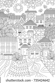 cozy cityscape with butterflies for coloring book