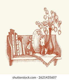 Cozy classic age wall rack stand row novel tale story set text space Grung office black line pen hand drawn shell plate dish girl pot jug jar lamp lantern gift sign engrav biblic outlin art still life