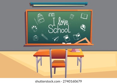 Cozy Classroom Interior with I Love School Text, Educational Icons, and Math Formulas on Green Chalkboard. Flat Vector Illustration