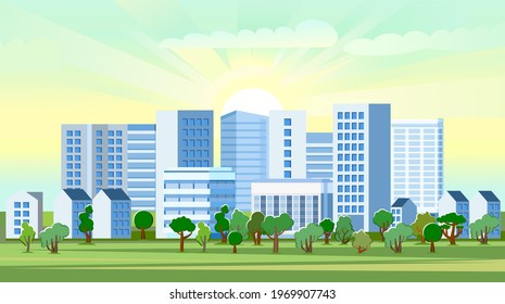 Cozy clean city. Modern, pleasant exterior. High-rise buildings and small houses. Parks, trees and lawns. Flat style. Vector