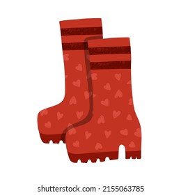 Cozy Clip Art With Autumn Symbol. Funny Rubber Boots With Massive Sole, Pattern Design With Heart And Horizontal Stripes. Hygge Hand Drawn Illustration. Can Be Used For Fabric, Sticker, Scrapbooking.