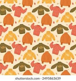 Cozy clothes pullovers seamless pattern. Sweaters repeat background. Vector hand drawn flat illustration.