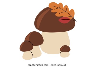 Cozy cluster of brown wild mushrooms, featuring small autumn oak leaves resting on the large central cap. Minimalist doodle illustration, perfect for autumn forest themes and seasonal fall design. 