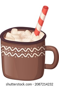 Cozy cocoa with marshmallows and stripped red white straw in realistic cartoon style.
