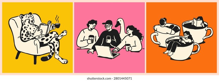 Cozy Coffee Break Illustration Set with Chilling Characters Enjoying Coffee Reading Books and Working Together. Colorful Retro Hand Drawn Vector Collection