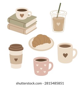 Cozy Coffee and Breakfast Clipart Set with Books, Croissant and Cups Flat Vector Illustration