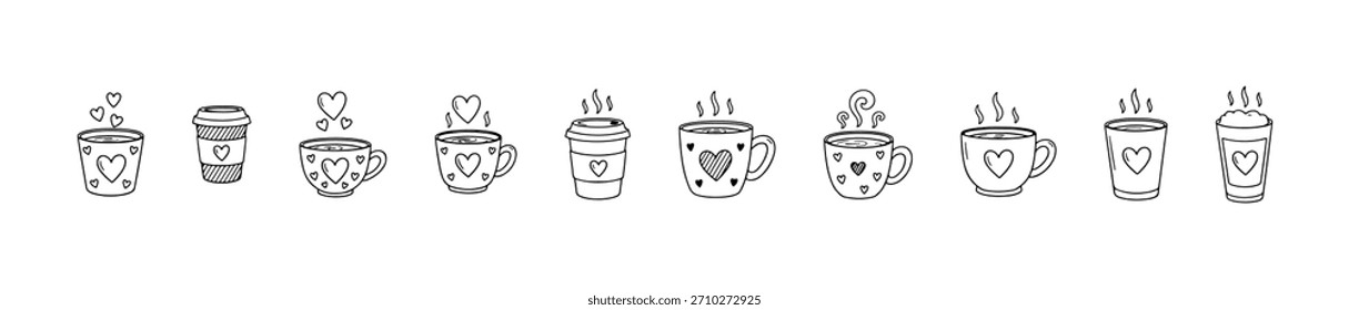 A cozy coffee cup icon set with heart motifs and steam. Perfect for cafe, love, or seasonal visuals.