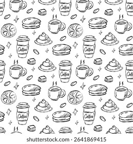 Cozy coffee doodle pattern with cups, pastries, and coffee beans in a charming layout