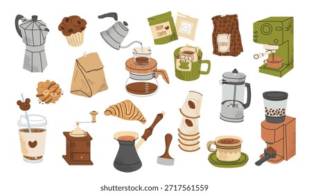 Mão de café aconchegante desenhado conjunto com diversos métodos de fabricação de cerveja, feijões, bebidas e ingredientes. Ilustrações da cultura do café. Para menu, impressão, papel de parede, restaurante, café, adesivo.