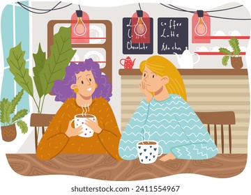 Cozy coffee house for friendly woman conversation, female drink tea in comfortable place cartoon vector illlustration, isolated on white. Couple girl hold hot beverage, modern cafe area.