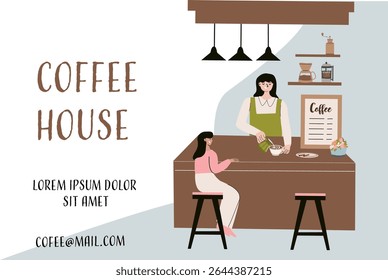 Cozy coffee house scene with people and rustic decor design for cafe menu or poster.