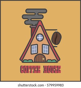 Cozy coffee house,house restaurant, preparation of coffee, sign with coffee grain,vector image, flat design