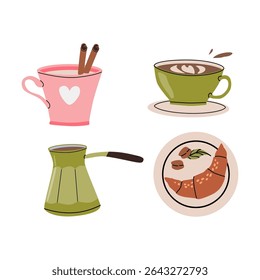 Café acolhedor com arte em café e ilustração de doces de café da manhã.