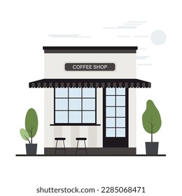 A cozy coffee shop building with comfortable seating arrangements and landscaping. Vector illustration