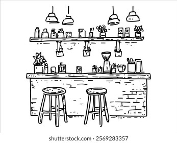 cozy coffee shop counter with stools and shelves hand drawn doodle sketch