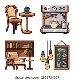Cozy Coffee Shop Elements and Cafe Interior Illustration Icons