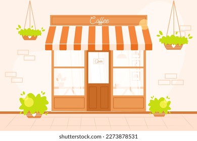 Cozy coffee shop exterior. Street cafe or coffeehouse outside. Vector illustration in flat cartoon style