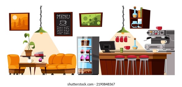 Cozy coffee shop interior cartoon illustration set. Modern restaurant, cafeteria or cafe interior with furniture, bar table or counter, coffee machine and menu hanging on wall. Design concept