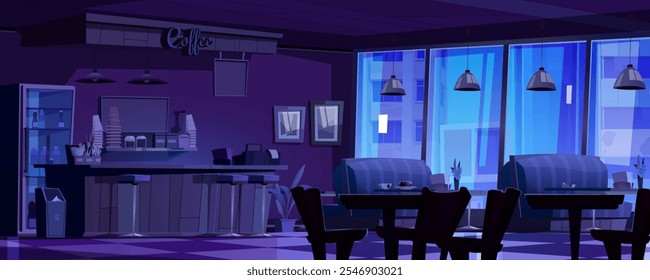 Cozy coffee shop interior during nighttime with violet and blue lighting. Bar counter with cups, bottles and supplies. Modern pendant lamps under dining area with comfortable sofas near windows.