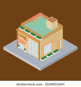 A cozy coffee shop with inviting rooftop terrace, featuring outdoor seating and greenery, perfect for relaxation and socializing
