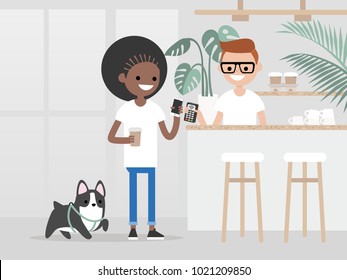 Cozy coffee shop. Modern lifestyle. Young customer buying a cup of coffee to go with a pay by phone technology. Hipster urban lifestyle / flat editable vector illustration, clip art. 