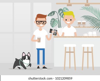 Cozy coffee shop. Modern lifestyle. Young customer buying a cup of coffee to go with a pay by phone technology. Hipster urban lifestyle / flat editable vector illustration, clip art. 