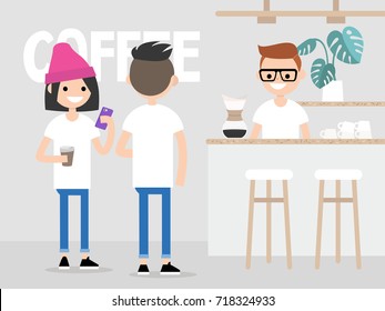 Cozy coffee shop. Modern lifestyle. Young customers in a queue for coffee / flat editable vector illustration, clip art. 