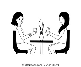 Cozy coffee shop two girls are drinking coffee. The ladies are sitting drinks. Vector hand drawn black doodle