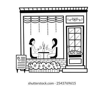 Cozy coffee shop two girls are drinking coffee. The ladies are sitting drinks. Vector hand drawn black doodle