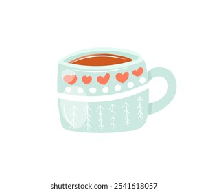 Cozy coffee or tea mug with hearts and Christmas trees. Hand drawn vector illustration isolated on white background. Flat cartoon style