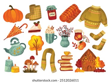 Colección acogedora de ilustraciones de otoño. Conjunto de otoño con calabaza, casa, vino caliente, pastel, bufanda, suéter, mermelada, champiñones y paraguas. Elementos de acuarela para scrapbooking, tarjetas, carteles, decoración del hogar.