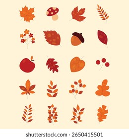 Uma coleção acolhedora de folhas de outono, bolotas, cogumelos e muito mais em estilo plano — perfeito para desenhos sazonais, cartões e ilustrações com tema de outono.