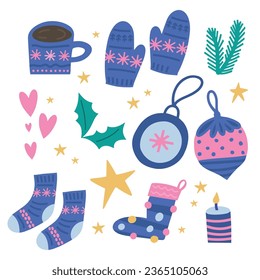 Cozy collection of Christmas icons. Colored Christmas symbols including cup, gloves, socks, Christmas tree, candle, toys. Vector icons.
