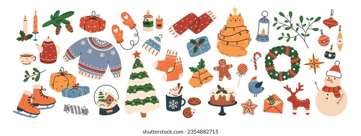 Cozy collection of Christmas and New Year items. Set of traditional winter symbols, elements and decorations christmas tree, wreath, mistletoe, candles, clothes and other. Colored flat illustration