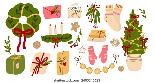 Cozy collection of Christmas and New Year items. Set of traditional winter symbols, elements and decorations christmas tree, wreath, mistletoe, candles, clothes and other. 