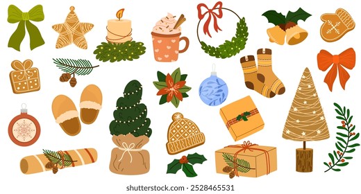 Acogedora colección de Navidades y artículos del Año Nuevo. Conjunto de símbolos tradicionales de invierno, Elementos y decoraciones de árbol de Navidad, corona, muérdago, velas, ropa. Ilustraciones vectoriales aisladas 