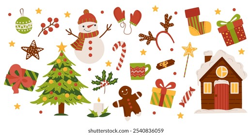 Cozy collection of Christmas and New Year items. Set of traditional winter symbols, decorations christmas tree, wreath, candles, clothes and other. Colored flat illustration