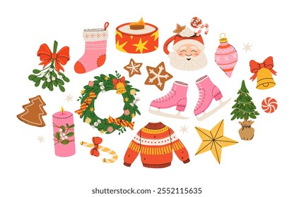 Cozy collection of Christmas and New Year items. Set of traditional winter symbols, elements and decorations christmas tree, wreath, mistletoe, candles, clothes and other. Colored flat illustration