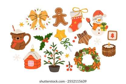 Cozy collection of Christmas and New Year items. Set of traditional winter symbols, elements and decorations christmas tree, wreath, mistletoe, candles, clothes and other. Colored flat illustration