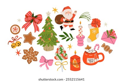 Cozy collection of Christmas and New Year items. Set of traditional winter symbols, elements and decorations christmas tree, wreath, mistletoe, candles, clothes and other. Colored flat illustration