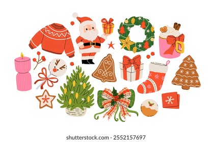 Cozy collection of Christmas and New Year items. Set of traditional winter symbols, elements and decorations christmas tree, wreath, mistletoe, candles, clothes and other. Colored flat illustration