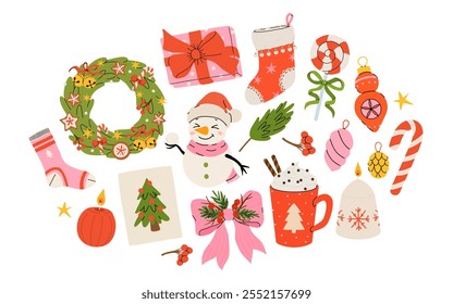 Cozy collection of Christmas and New Year items. Set of traditional winter symbols, elements and decorations christmas tree, wreath, mistletoe, candles, clothes and other. Colored flat illustration