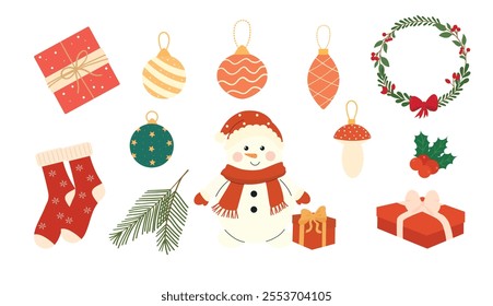 Cozy collection of Christmas and New Year elements. Snowman, gifts, balls, socks, wreath. Set of traditional winter symbols, elements and decorations. Vector, flat illustration.