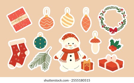 Cozy collection of Christmas and New Year stickers. Snowman, gifts, balls, socks, wreath. Set of traditional winter symbols, elements and decorations. Vector stickers.