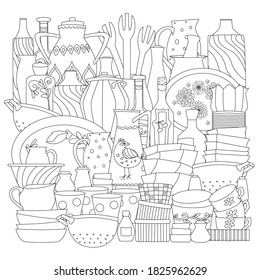 cozy collection of cute kitchenware for your coloring book