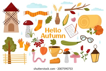 Cozy collection, Hello Autumn. Cartoon pictures pumpkin, mill, mushrooms, coffee, hay, wheat, wood, socks, scarf. Vector illustration isolated on a white background. For design or decoration