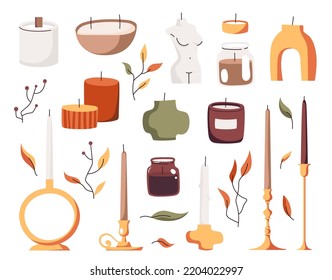 Cozy collection of various candles different shapes and sizes. Hygge time. Aromatherapy and relaxation set. Decorative wax candles for relax and spa. Flat vector illustration isolated on white 
