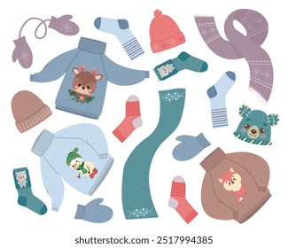 A cozy collection of warm handmade things. A set of funny sweaters, scarves, mittens and funny hats. Color flat illustration