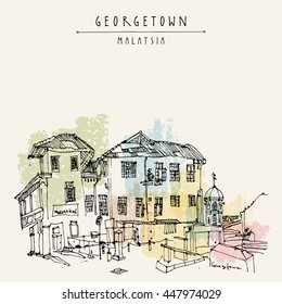 Cozy colonial building and a mosque in old historical part of Georgetown, Penang, Malaysia, Southeast Asia. Eclectic style Hand drawing. Travel sketch. Book illustration, postcard or poster in vector